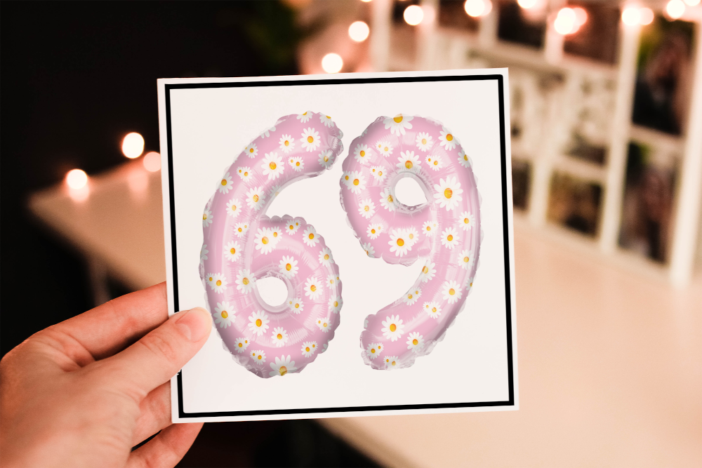 Daisy Age Balloon Birthday Card, Card for 69th Birthday